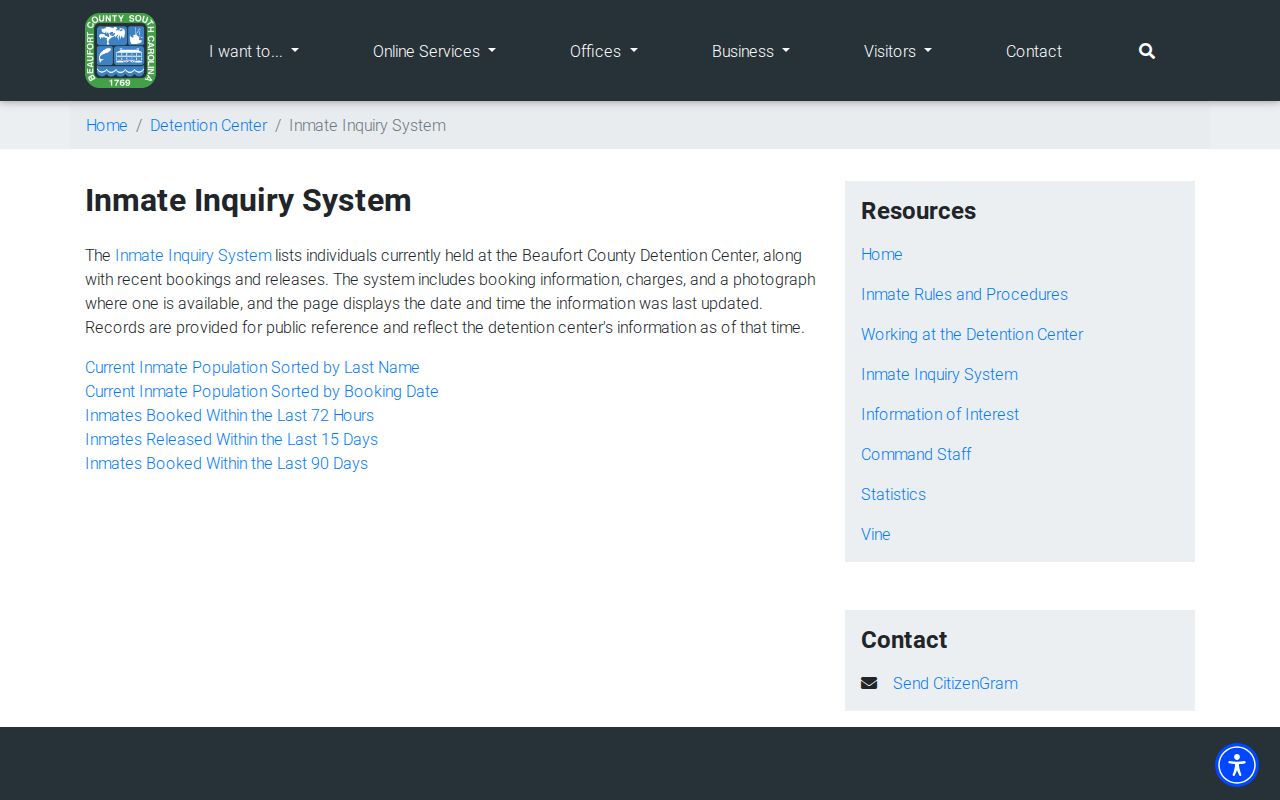 Beaufort County official inmate inquiry for booking records and conditional mugshot access